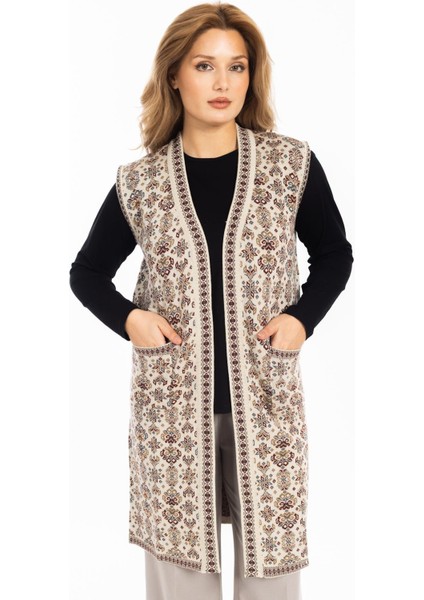 Klasik Kadın Etnik Model Triko Örgü Uzun Anne Yelek 1070