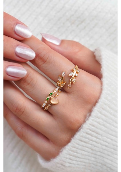 Altın Kaplama Kalp ve Yaprak Taşlı Kadın Yüzük Seti