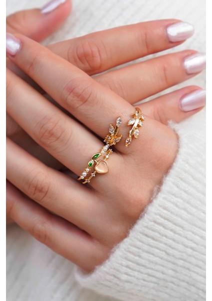 Altın Kaplama Kalp ve Yaprak Taşlı Kadın Yüzük Seti modelleri