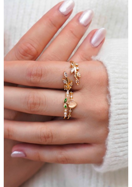 Altın Kaplama Kalp ve Yaprak Taşlı Kadın Yüzük Seti fırsatları