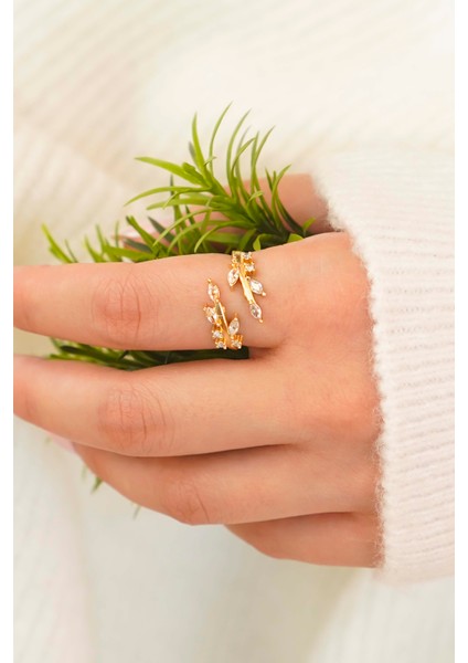 Altın Kaplama Kalp ve Yaprak Taşlı Kadın Yüzük Seti