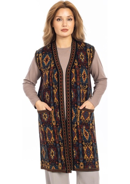 Kadın Klasik Etnik Desen Triko Örgü Kilim Anne Yelek 1052 Uzun