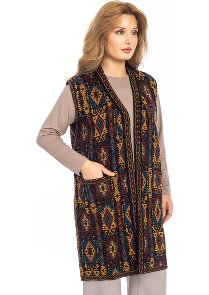 Kadın Klasik Etnik Desen Triko Örgü Kilim Anne Yelek 1052 Uzun fırsatları