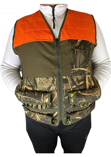 Avcı Yeleği - 30 Fişek Kapasiteli - Turuncu Omuzlu - 12 Kalibre - Haki Üzerine Yeşil Ağaç Desen Kumaş