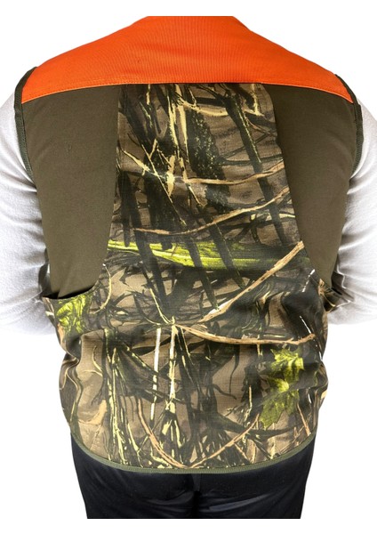 Avcı Yeleği - 30 Fişek Kapasiteli - Turuncu Omuzlu - 12 Kalibre - Haki Üzerine Yeşil Ağaç Desen Kumaş fiyatları