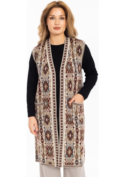 Kadın Klasik Etnik Desen Triko Örgü Kilim Anne Yelek 1052 Uzun