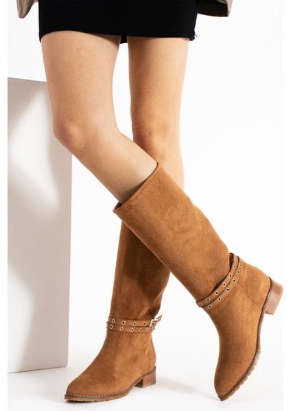 Brogan Taba Süet Diz Altı Kemer Dataylı Kısa Topuklu Kadın Çizme modelleri
