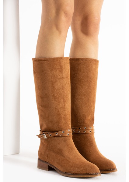 Brogan Taba Süet Diz Altı Kemer Dataylı Kısa Topuklu Kadın Çizme fırsatları