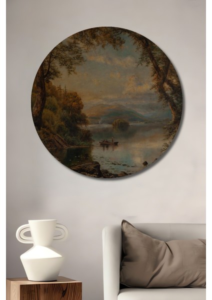Dekoratif Ahşap Yuvarlak Tablo Doğa Manzarası Gölde Sandal
