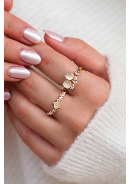 & Geometrik Zirkon Taşlı Altın Kaplama Ikili Kadın Yüzük Seti fiyatları