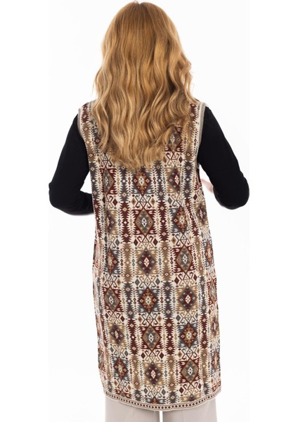 Kadın Klasik Etnik Desen Triko Örgü Kilim Anne Yelek 1052 Uzun modelleri