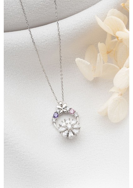 925 Ayar Gümüş Beyaz Dönen Çiçek Kolye