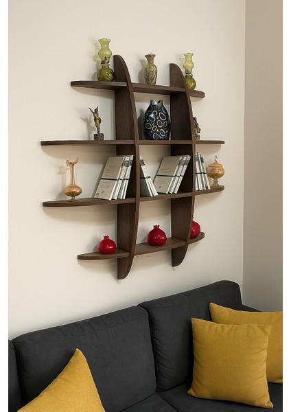 12 Raflı Dekoratif Ahşap Geniş Duvar Rafı