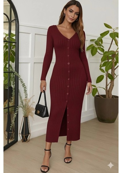 Mdb Kadın Uzun Kollu V Yakalı Önden Düğmeli Şardonlu Kaşkorse Elbise