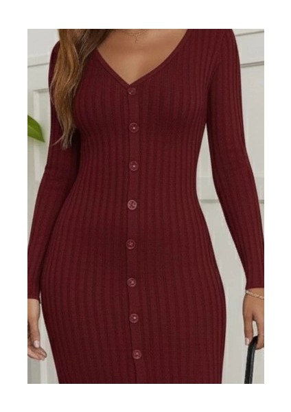 Mdb Kadın Uzun Kollu V Yakalı Önden Düğmeli Şardonlu Kaşkorse Elbise fiyatları