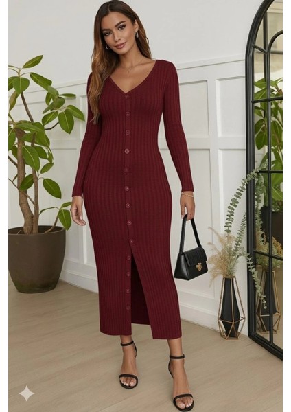 Mdb Kadın Uzun Kollu V Yakalı Önden Düğmeli Şardonlu Kaşkorse Elbise modelleri