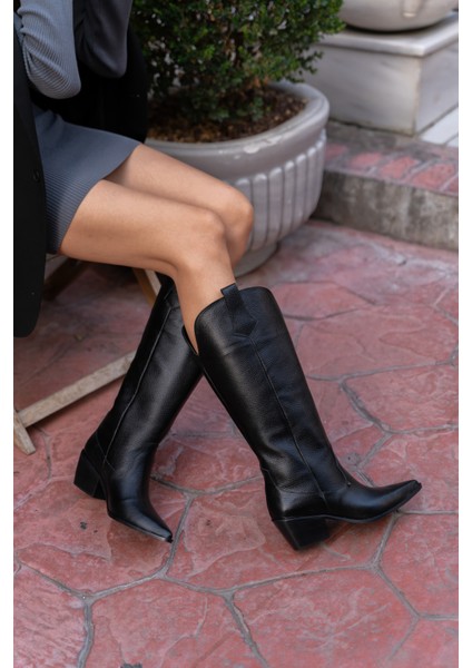 Arrow Siyah Renkli Hakiki Deri Kadın Western Topuklu Çizme