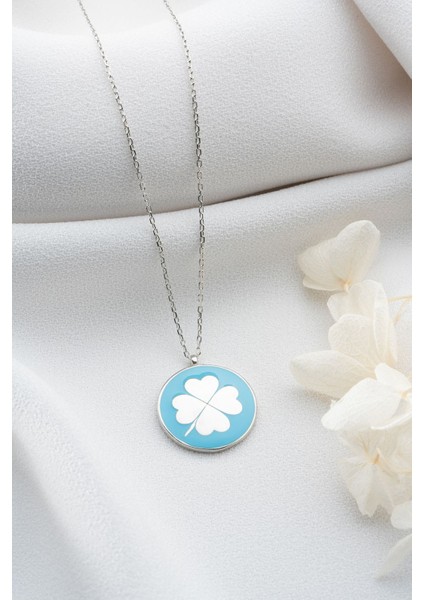 925 Ayar Gümüş Mavi Mineli Yonca Kolye modelleri