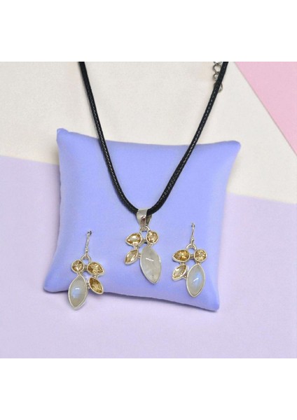 Sitrin Taşlı Ay Taşı 925 Ayar Gümüş El Işçiliği Kolye Ucu ve Küpe Seti