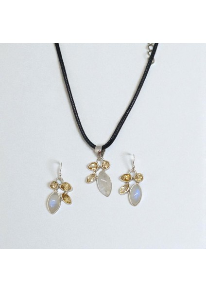 Sitrin Taşlı Ay Taşı 925 Ayar Gümüş El Işçiliği Kolye Ucu ve Küpe Seti fırsatları