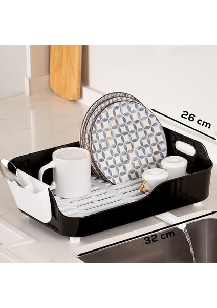 AKL-060 Siyah Lüks Tabaklık Bulaşıklık-Yönlendirilebilir Su Akıtma Kanallı Bulaşık Sepeti-Kaşıklıklı