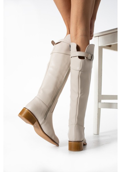 Esther Ekru Renkli Arkadan Kemerli Yandan Fermuarlı Kadın Topuklu Çizme modelleri