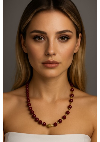 Premium Bordo Doğal Taş & Altın Kaplama Aparatlı Kolye