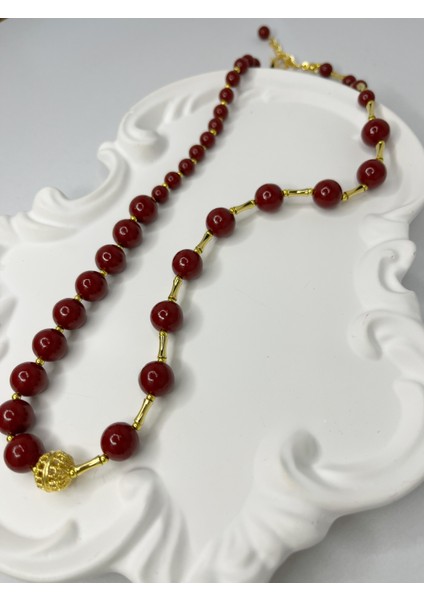 Premium Bordo Doğal Taş & Altın Kaplama Aparatlı Kolye fiyatları