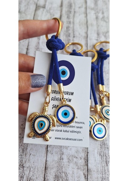 Hediyelik Çift Nazar Boncuklu Lacivert Kaplumbağa Anahtarlık 10,5 cm