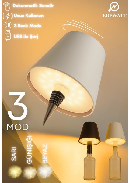 Kablosuz Şişe Lambası - Şarjlı Abajur Masa Işığı Dokunmatik Şişe Için LED Siyah Beyaz Seçenek