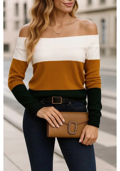 Mdb Kadın Uzun Kollu Omuzlardan Açık Uzun Kollu Blok Çizgili Triko Bluz