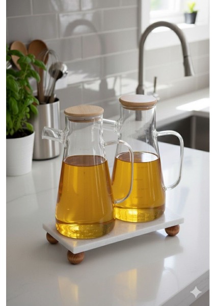 Mermer Stantlı Borosilikat Masterchef Bambu Kapaklı Cam Yağlık 2’li Set 900 ML+900 Ml