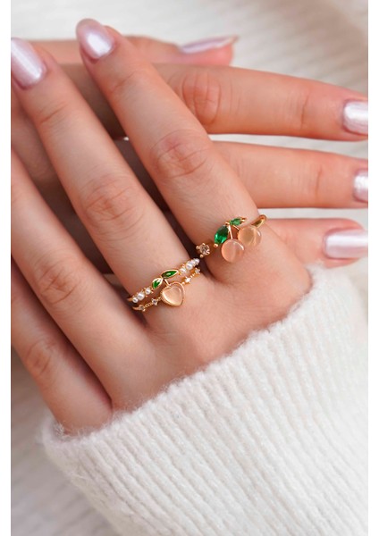 Şeftali ve Kiraz Motifli Altın Renk Ayarlanabilir Kadın Yüzük Seti