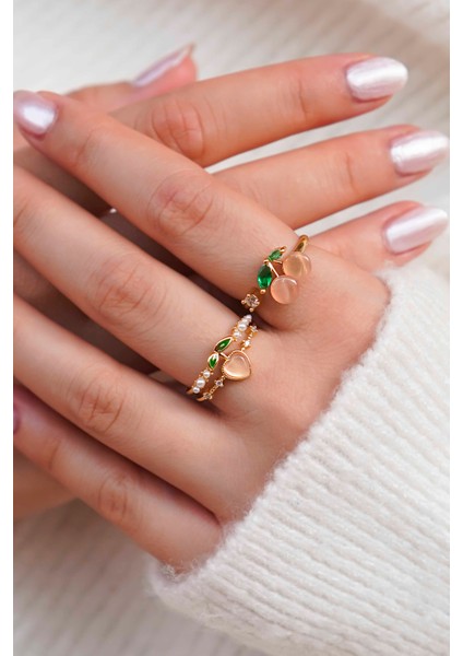 Şeftali ve Kiraz Motifli Altın Renk Ayarlanabilir Kadın Yüzük Seti fiyatları