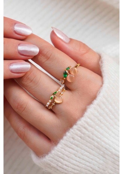 Şeftali ve Kiraz Motifli Altın Renk Ayarlanabilir Kadın Yüzük Seti modelleri