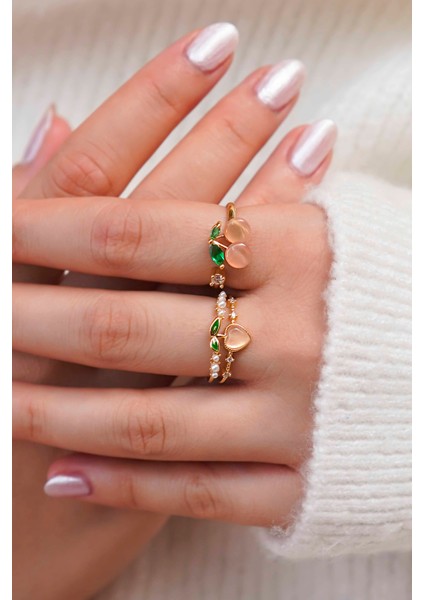 Şeftali ve Kiraz Motifli Altın Renk Ayarlanabilir Kadın Yüzük Seti fırsatları