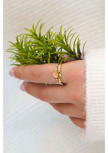 Şeftali ve Kiraz Motifli Altın Renk Ayarlanabilir Kadın Yüzük Seti