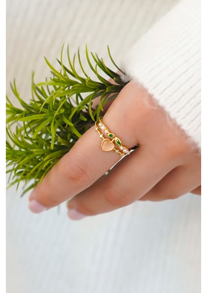 Şeftali ve Kiraz Motifli Altın Renk Ayarlanabilir Kadın Yüzük Seti