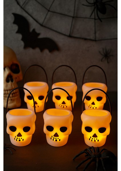 Halloween Cadılar Bayramı Kuru Kafa Modelli Mumluk 8 cm X6 Adet Beyaz Mumluk Korku Aksesuarı