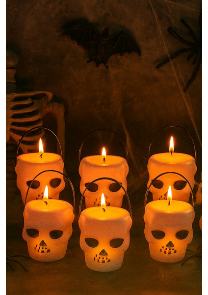 Halloween Cadılar Bayramı Kuru Kafa Modelli Mumluk 8 cm X6 Adet Beyaz Mumluk Korku Aksesuarı modelleri