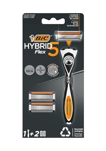 Bıc Hybrid 5 Flex Erkek Tıraş Bıçağı 1 Sap ve 2 Yedek Başlık (5 Bıçak), 5 Nano Teknolojik Titanyum Bıçak, E Vitamini ile Zenginleştirilmiş Geniş Kayganlaştırıcı Bant modelleri