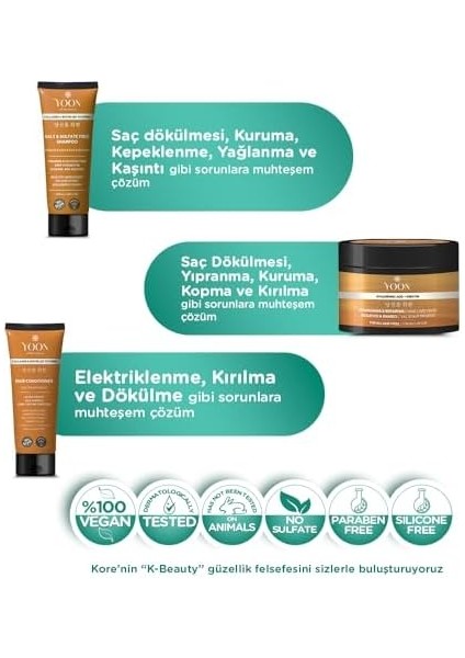 Yoon 3'lü Vegan Tuzsuz Şampuan 250ML, Saç Kremi 200ML, Saç Maskesi 250ML, Nemlendirici, Besleyici ve Onarıcı Saç Bakım Seti fiyatları