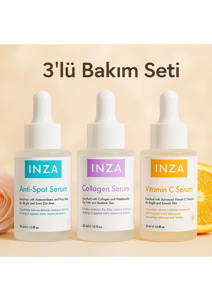 3’lü Serum Bakım Seti – Anti Spot + Kolajen + C Vitamini Serumu – Leke Karşıtı, Aydınlatıcı ve Sıkılaştırıcı Bakım – Her Cilt Tipine Uygun 3X30 ml