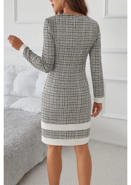 Kadın Uzun Kollu Yuvarlak Yaka Etek Ucu Şerit Detaylı Mini Dokuma Elbise modelleri