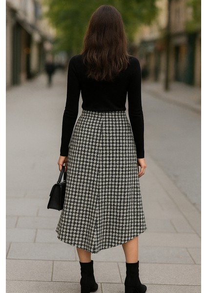 Kare Desenli Asimetrik Kesim Midi Etek Yüksek Bel fiyatları