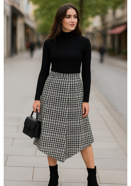 Kare Desenli Asimetrik Kesim Midi Etek Yüksek Bel modelleri