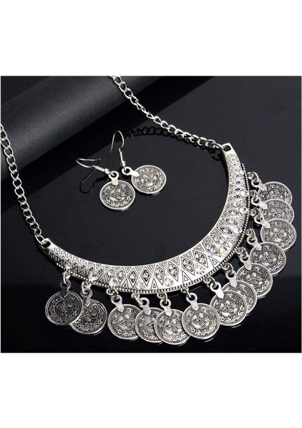Gümüş Renk Otantik Kolye ve Küpe Seti