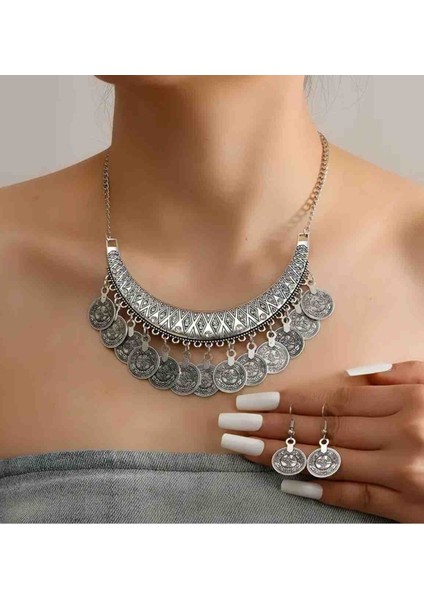 Gümüş Renk Otantik Kolye ve Küpe Seti modelleri