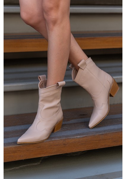 Belen Ten Renkli Western Kalın Kısa Topuklu Kadın Bot modelleri