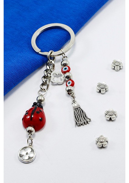 El Yapımı Uğur Böcekli Salkım Nazar Boncuklu Anahtarlık, Nazarlı Hediyelik Çanta Süsü